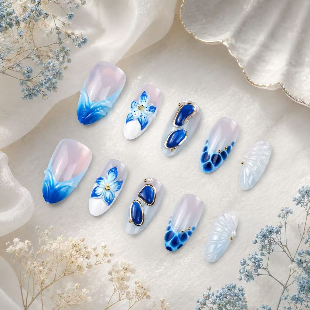 Artistic Press-On Nail Tips Set with Floral and Geometric Patterns Kalsten