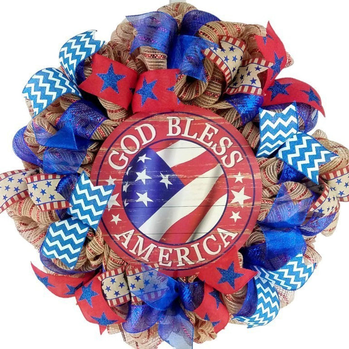 Unisex decorative country house door wreath with overlapping wooden stars and multiple ribbon bows Kalsten