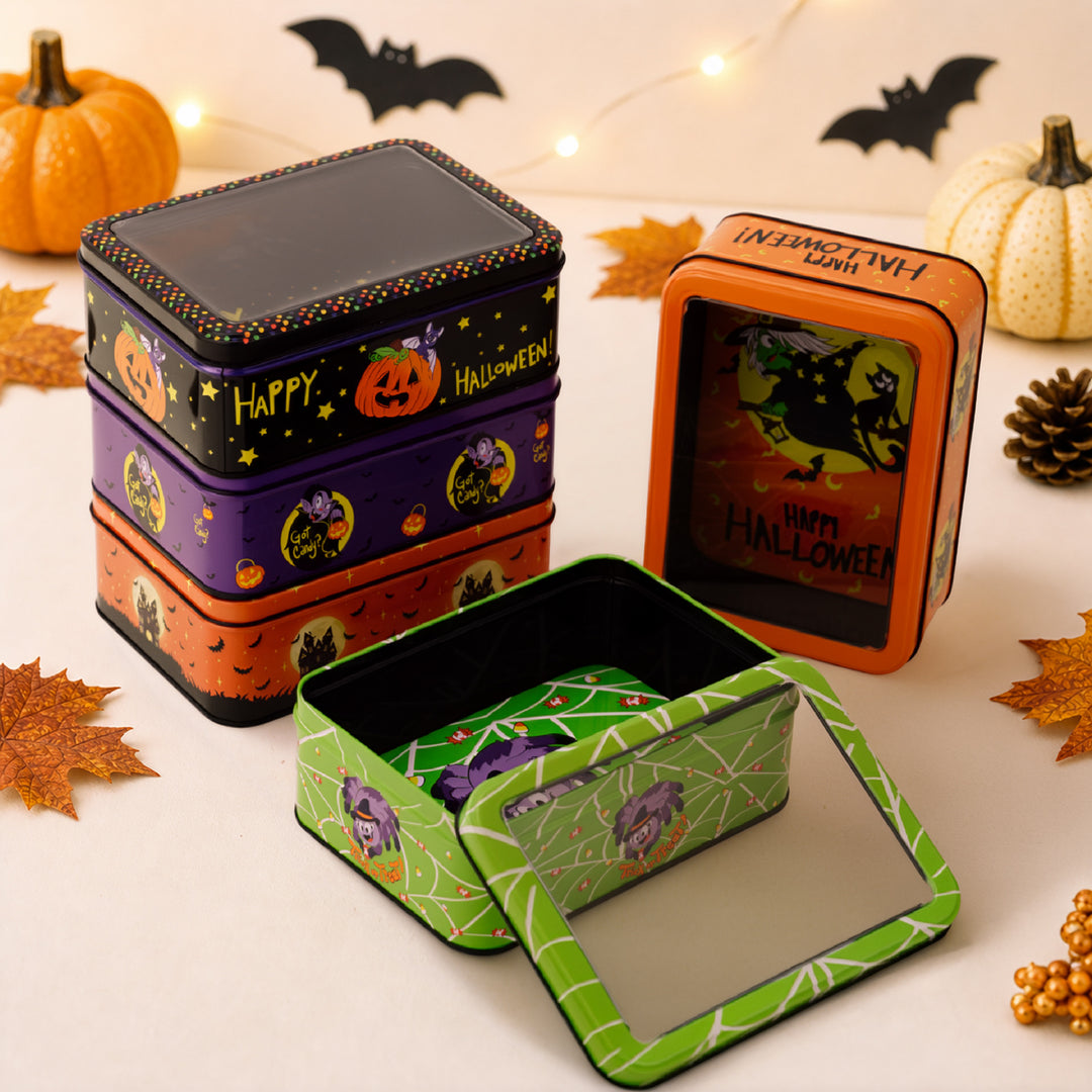 Halloween Metal Box with Viewing Window and Witch Motif