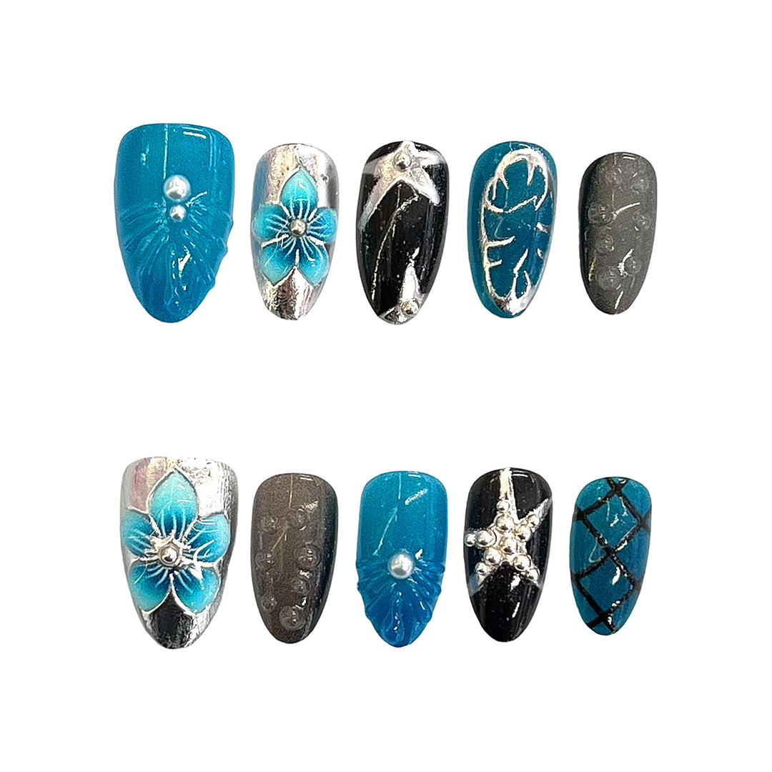 Artistic Press-On Nail Set with Floral Motifs Kalsten