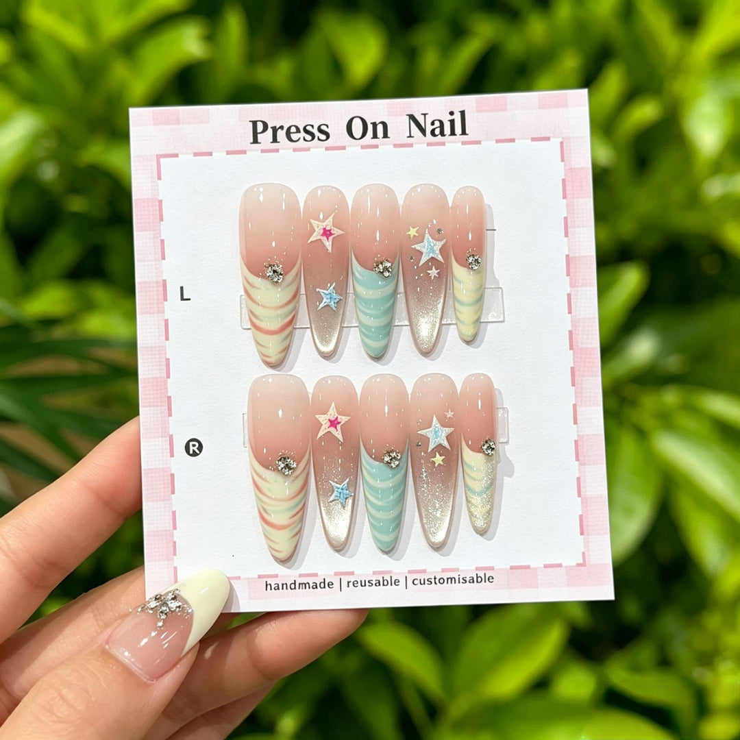 Artistic Press-On Nail Art Set with Cute Character and Bow Accents