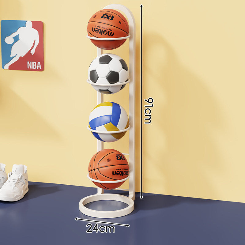 Vertical Sports Ball Storage Rack with Four Hoop Holders and Slim Metal Frame