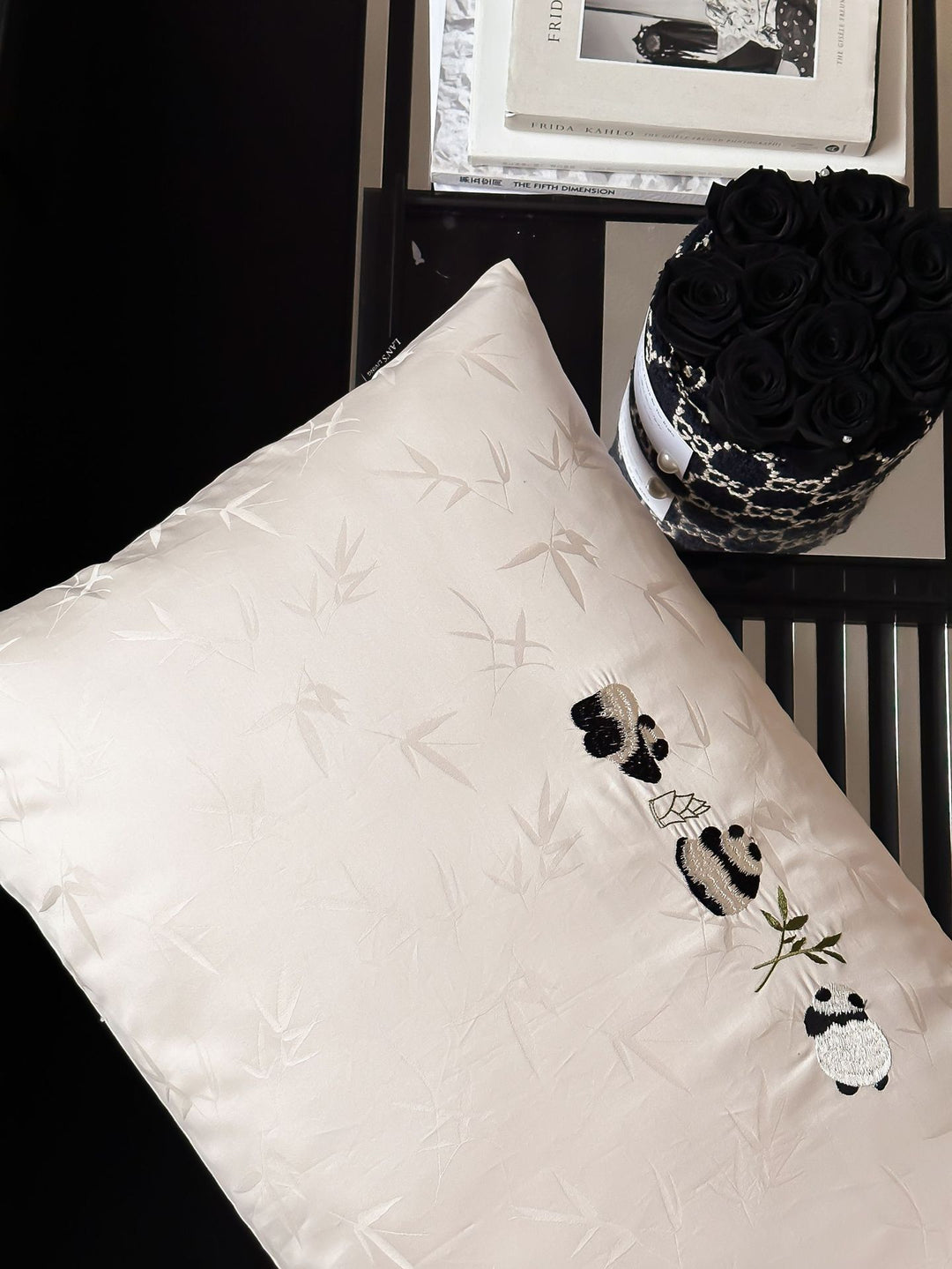 finely woven cotton satin bedding set with panda embroidery and bamboo jacquard