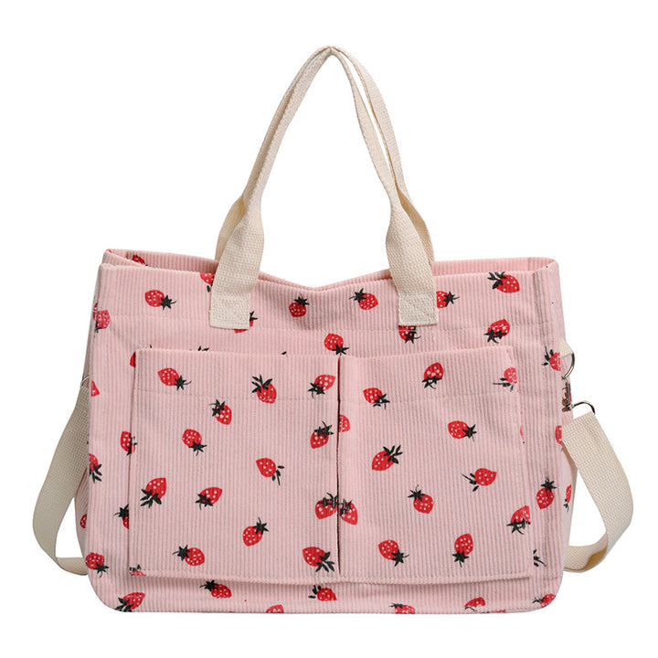 WoStylish Multi-Pocket Strawberry Print Canvas Tote Bag Kalsten