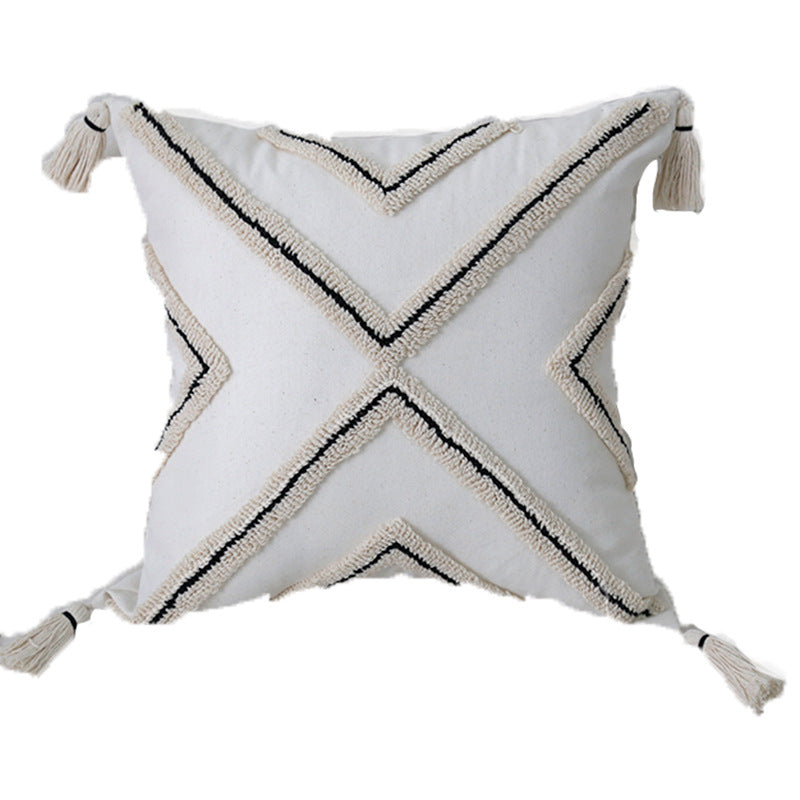 Handcrafted Boho Tufted Cotton Square Cushion Cover with Fringe Tassel Corners and Raised X Texture