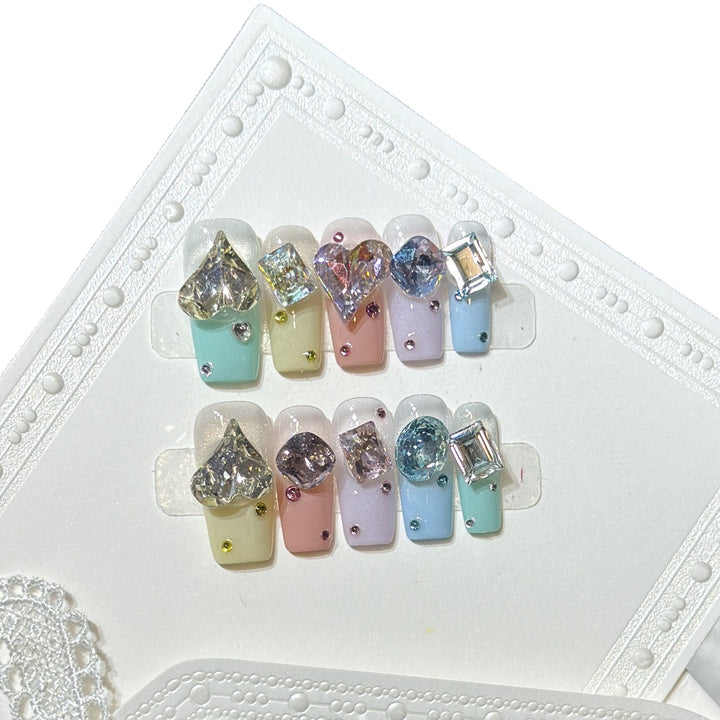 Artistic Press-On Nail Set with Gemstone Embellishments Kalsten