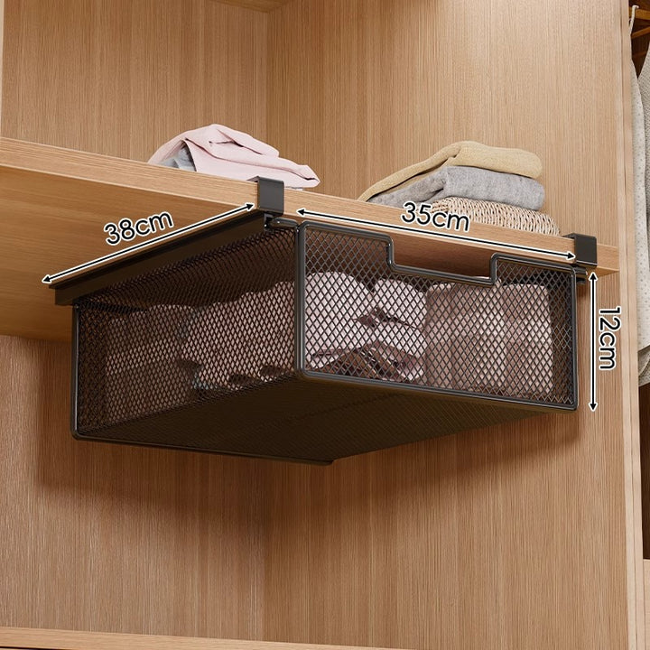 Under-Shelf Pull-Out Metal Mesh Closet Basket Organizer with Clamp Rail