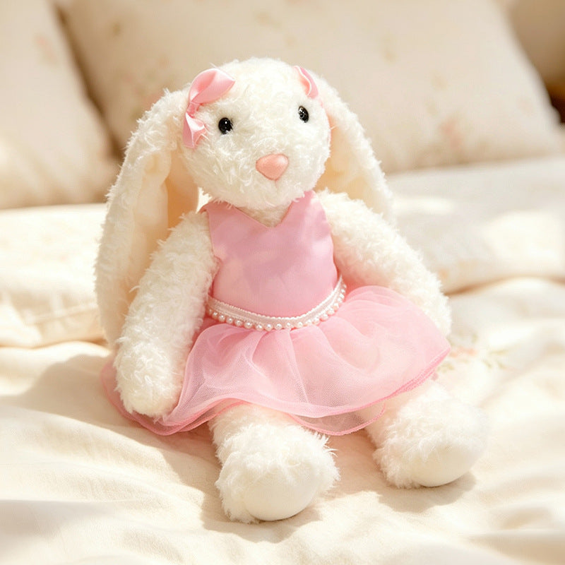 Plush Floral-Lined Ear Bunny Stuffed Toy with Embroidered Face and Curly Faux Fur Kalsten