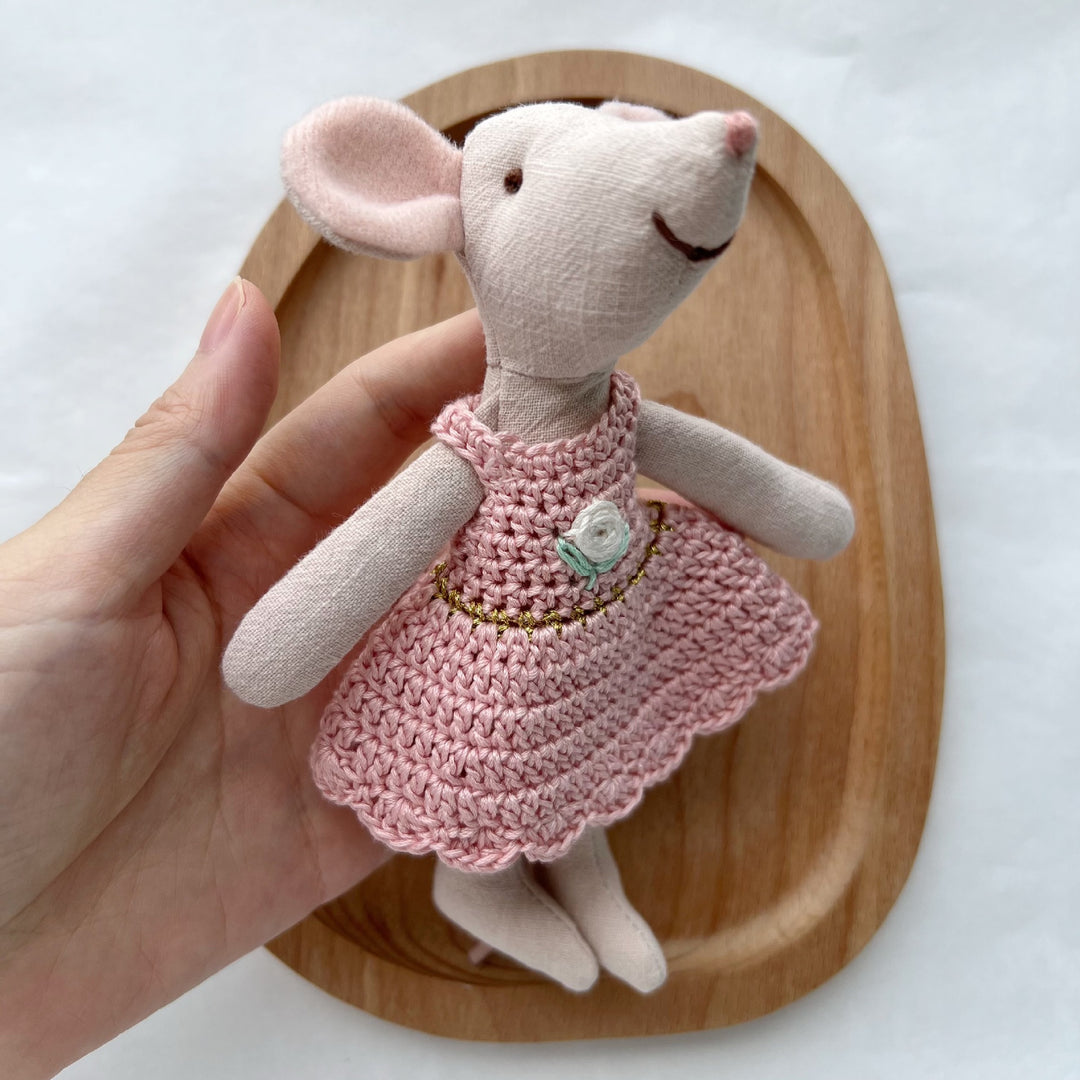 Handmade Linen Mouse Doll with Crocheted Dress and Embroidered Details