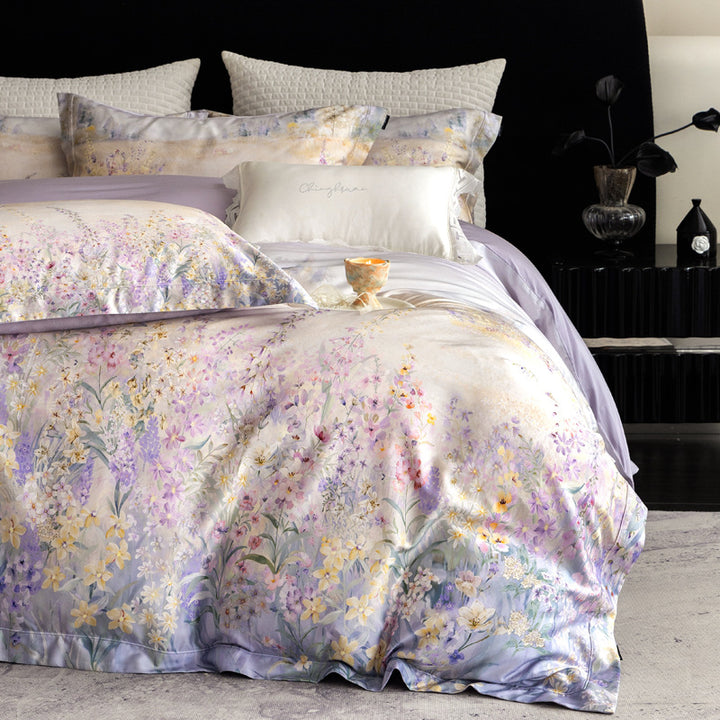 Silk-gloss satin bed linen set with watercolored meadow flower print and concealed zipper