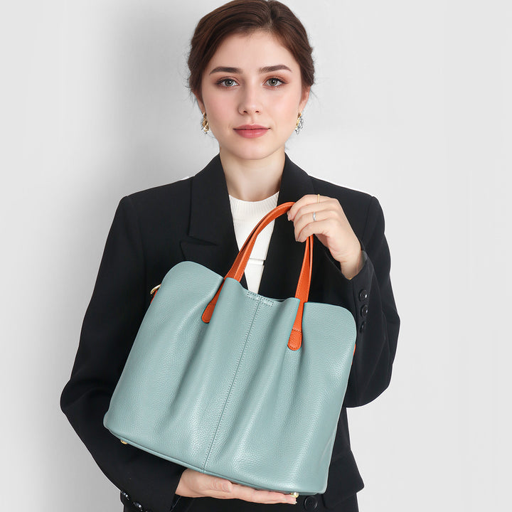 Pebbled Leather Work Tote with Contrast Top-Handles