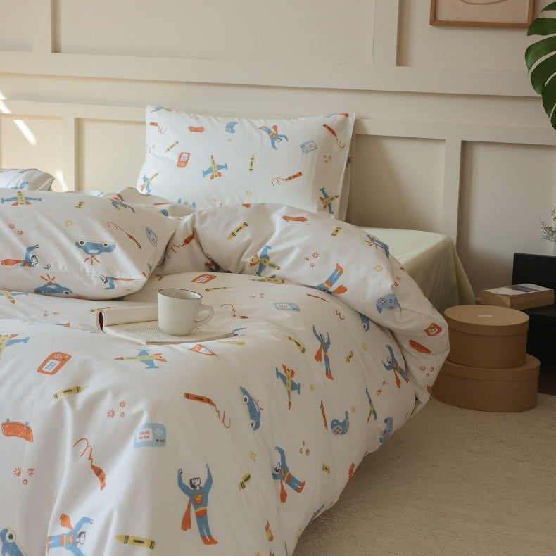 Cotton percale bedding set with botanical sketch print and concealed hotel closure