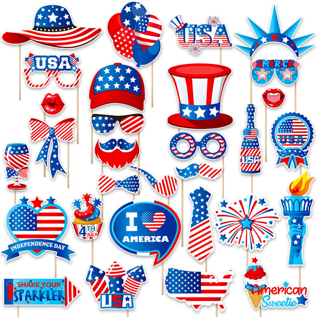 Unisex photo props set with self-adhesive USA-themed stickers, wooden sticks, and adhesive pads Kalsten