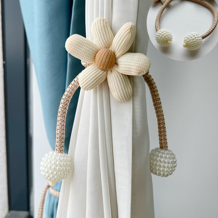 Decorative Fabric Flower Curtain Tieback with Braided Rope and Pearl Pom-Pom Weights