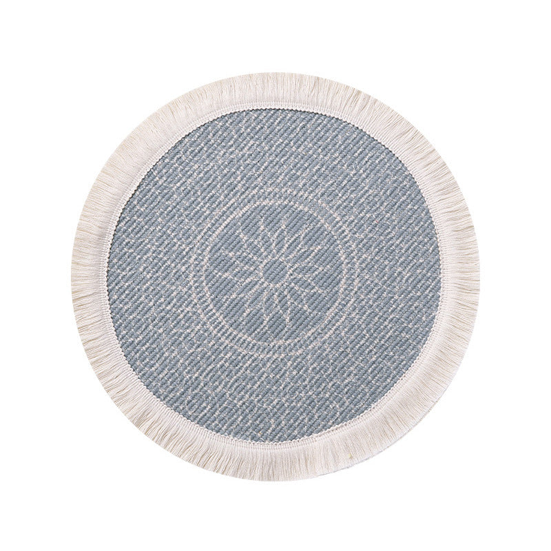 Round woven table placemat with fringe edge and mandala jacquard