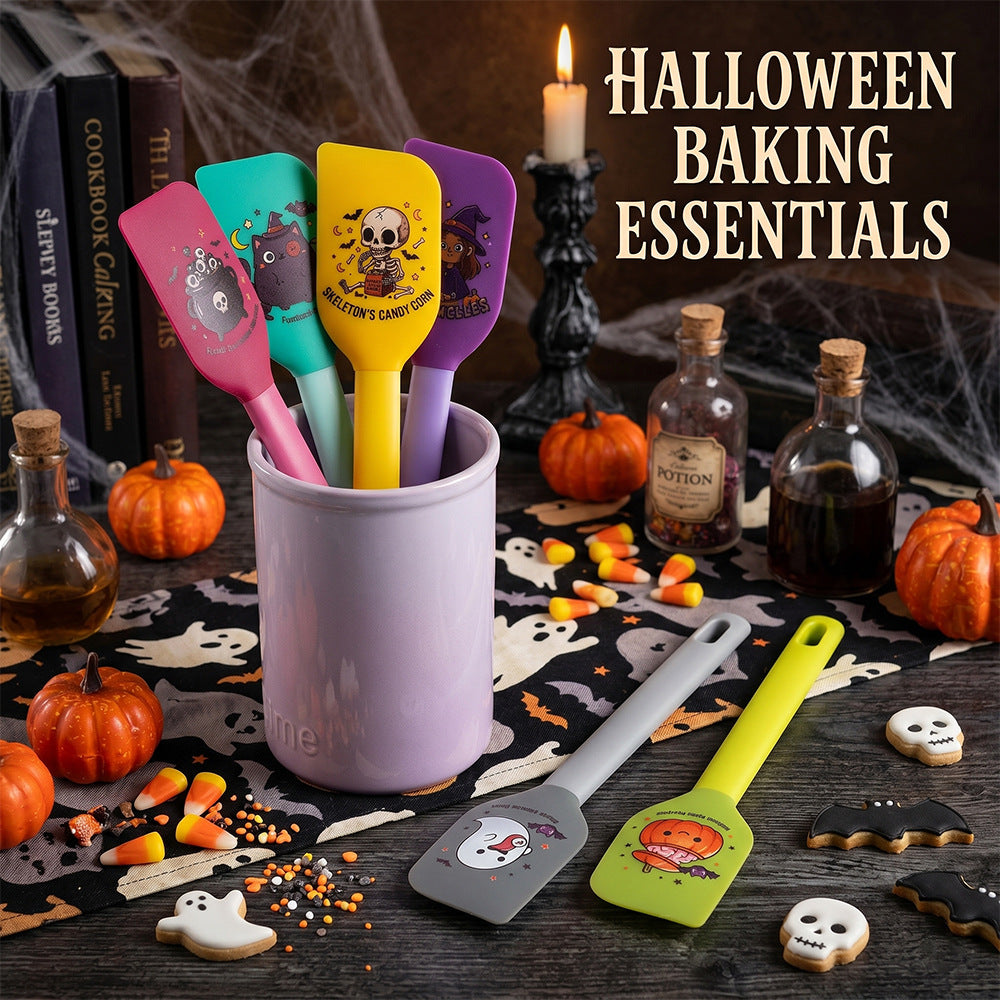 Silicone kitchen spatula with flexible scraper and child-friendly witch motif