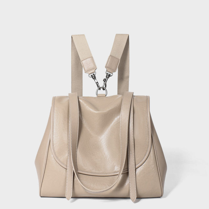 Convertible Smooth Leather Flap Tote Backpack with Detachable Webbing Straps