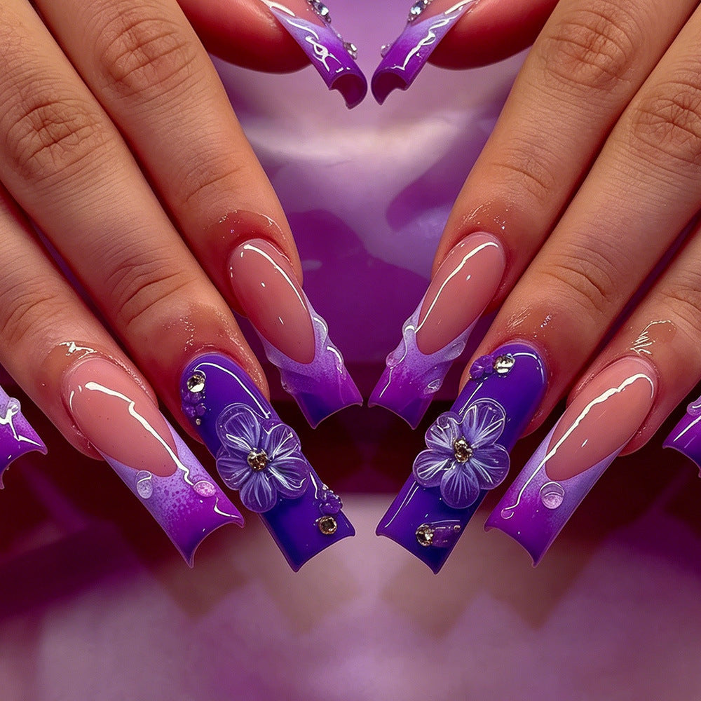 Decorative Long Press-On Nail Art Set with Floral Accents Kalsten
