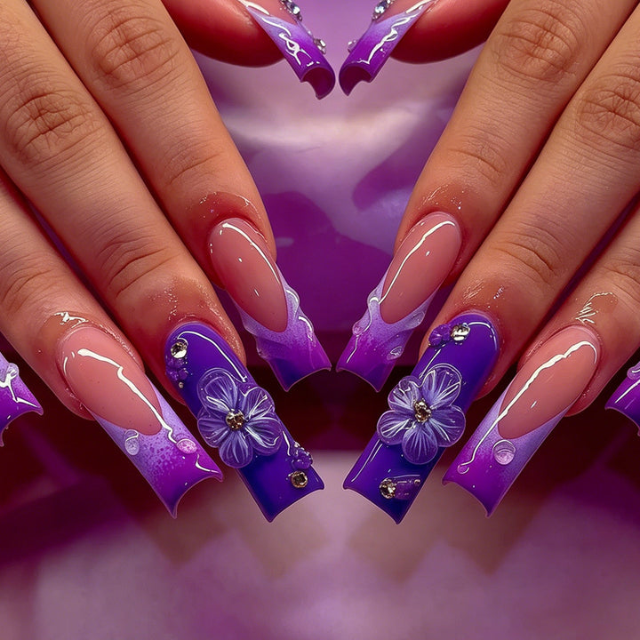 Decorative Long Press-On Nail Art Set with Floral Accents Kalsten
