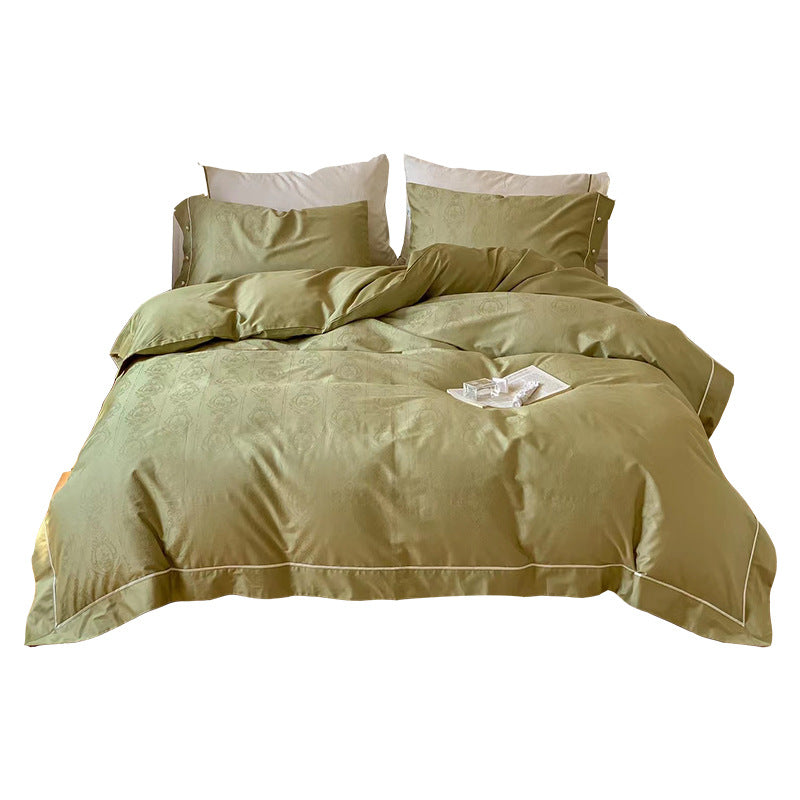 Luxurious cotton satin bed linen set with damask jacquard and contrasting piping