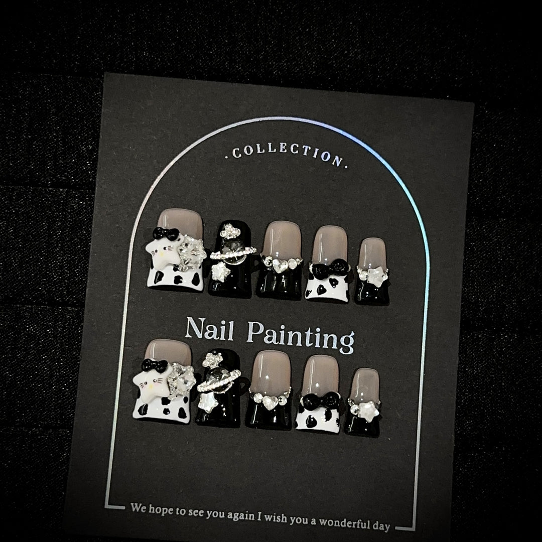 Decorative Press-On Nail Art Set with Unique Character Accents