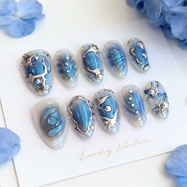 Premium Artistic Press-On Nail Set with Silver and Blue Designs
