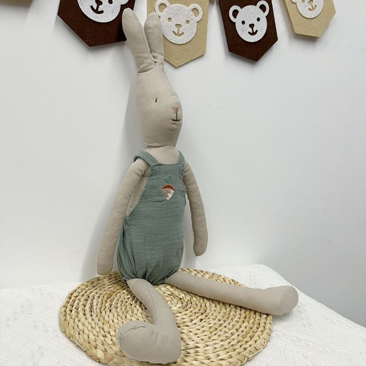 Soft Linen Long Leg Bunny Plush Doll with Embroidered Romper
