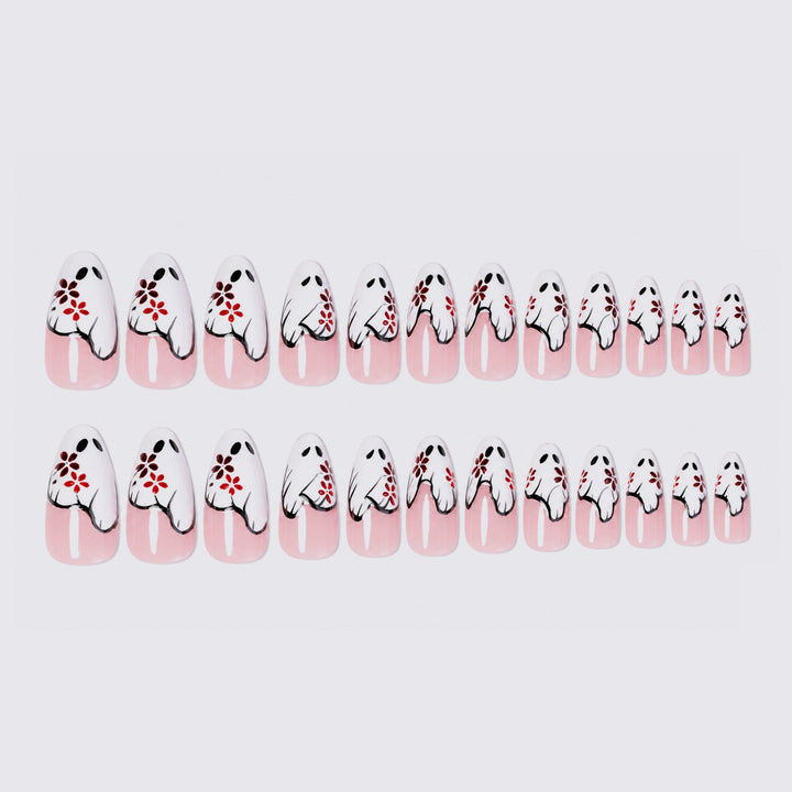 Artistic Press-On Nail Set with Floral and Ghost Design kalsten