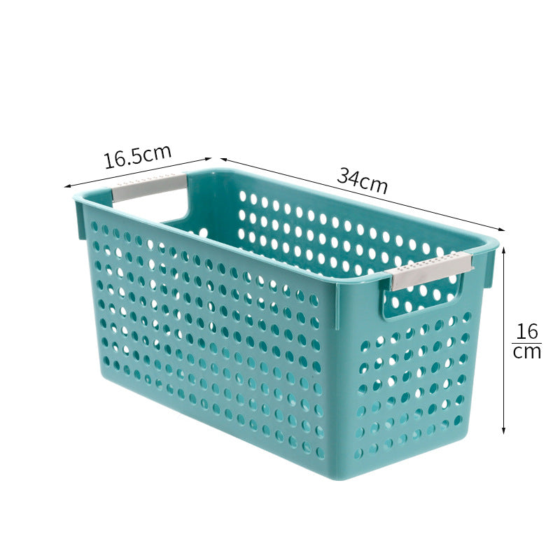 Flat plastic storage box with perforated side wall and grip recesses