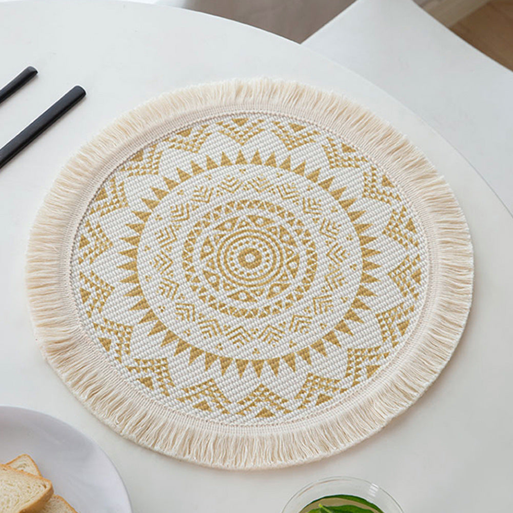 Round woven placemat with fringes and mandala jacquard structure Kalsten
