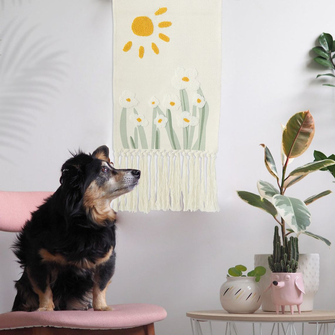Boho Wall Hanging with Woven Flower Tufting and Macrame Fringes