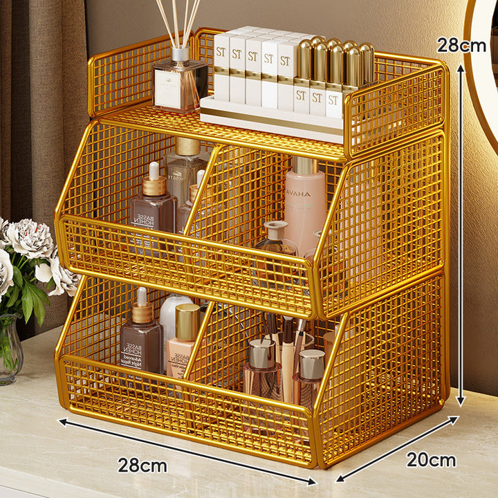Two-Tier Metal Grid Countertop Vanity Organizer Shelf with Raised Front Lip