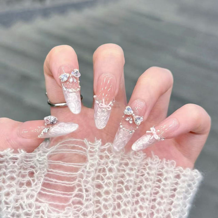 Decorative Stiletto Press-On Nail Set with Bow and Gem Accents Kalsten