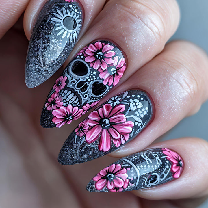 Artificial nails with Lifelike Skull Design and Floral Accents Kalsten