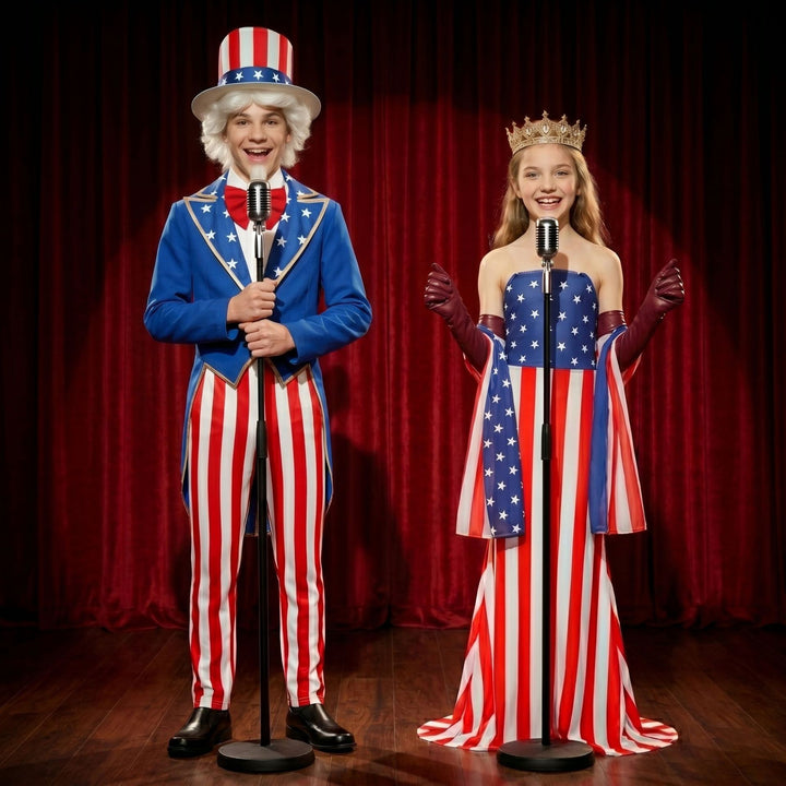Unisex nan Patriotic Americana Uncle Sam Costume Set with Tailcoat, Striped Trousers, Top Hat and Bow Kalsten