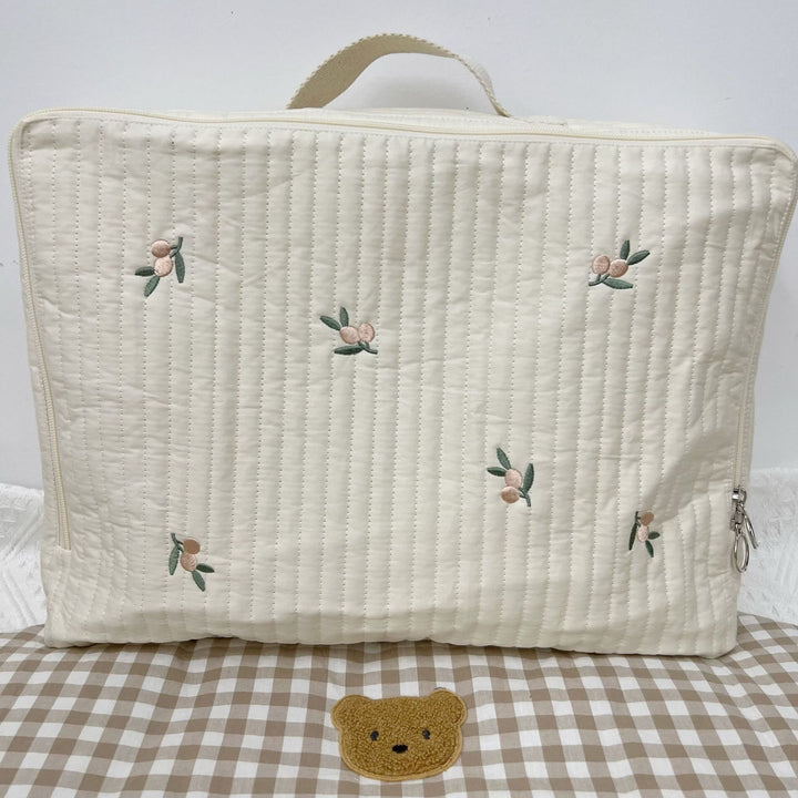 Quilted Portable Baby Mattress Carry Case with Handle and Embroidered Fruit Motif