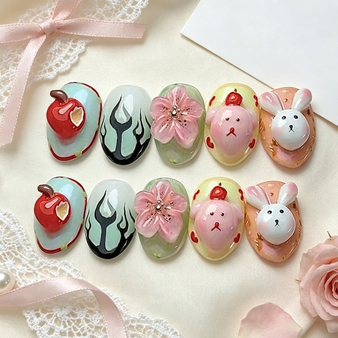 Whimsical Bunny and Floral Press-On Nail Art Set