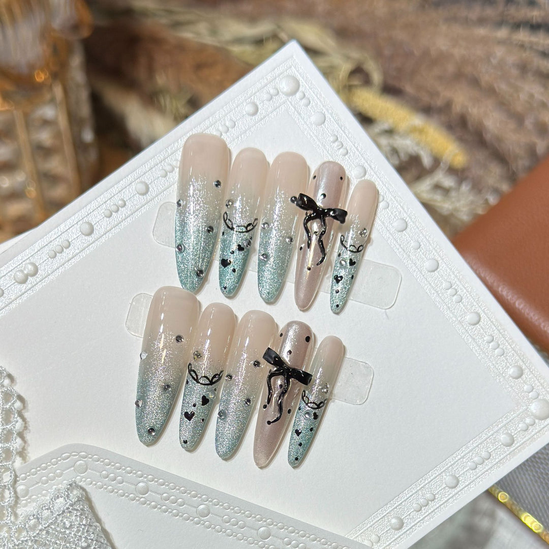 Elegant Stiletto Press-On Nail Set with Rhinestone and Bow Accents Kalsten