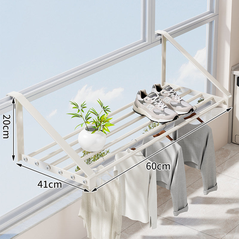 Window-Mounted Foldable Drying Rack with Multi-Bar Shoe and Garment Shelf