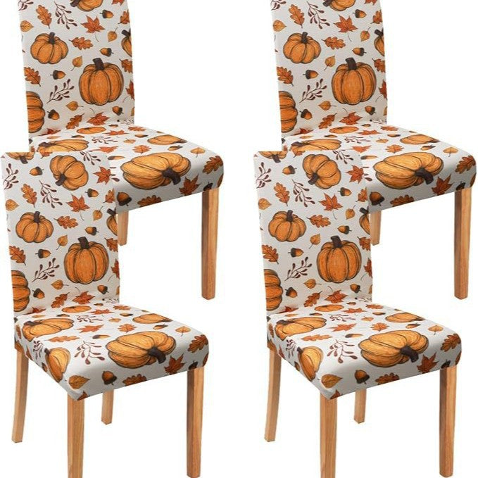 Stretch chair cover with autumn pumpkin and leaf motif