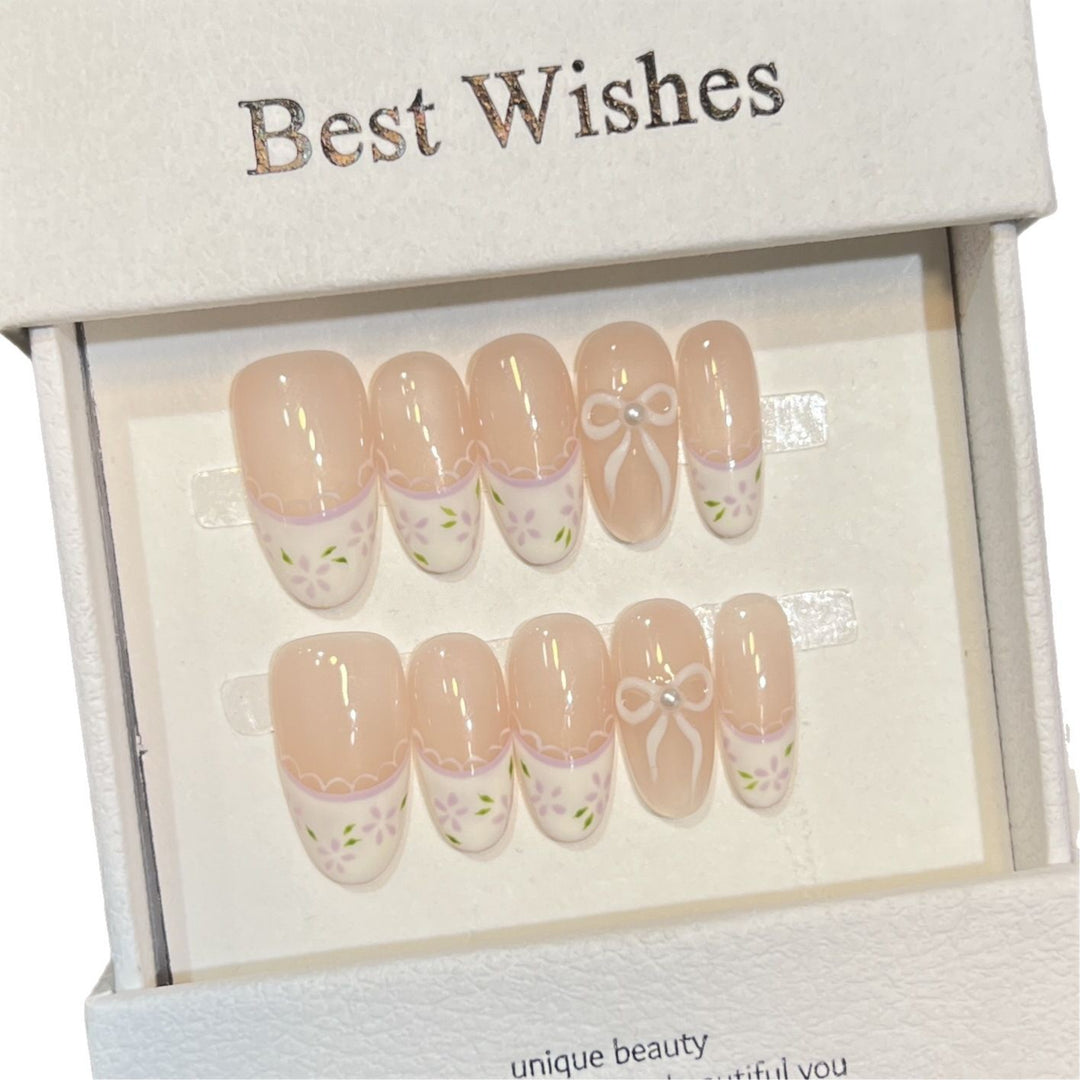 Decorative Press-On Nail Set with Floral Bow Design Kalsten