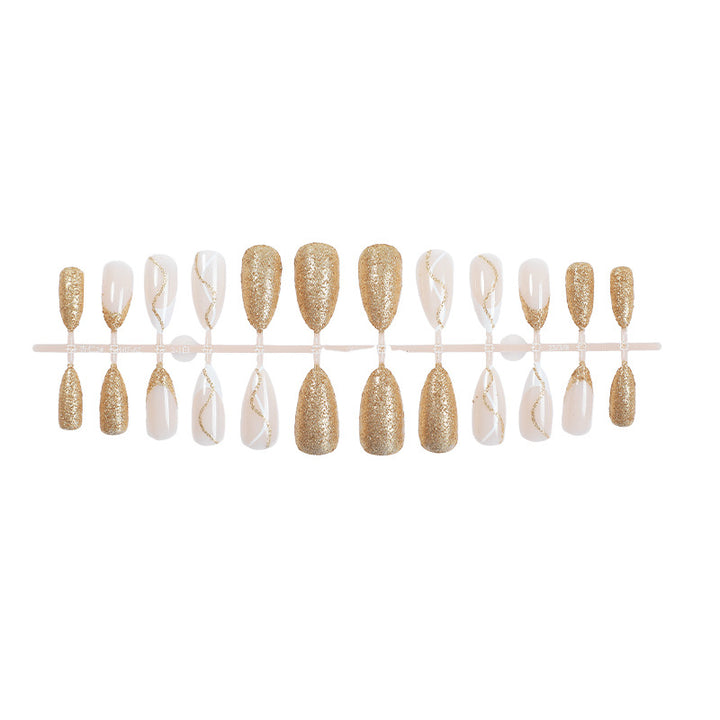 Elegant Press-On Nail Set with Glitter and Gold Swirl Accents Kalsten