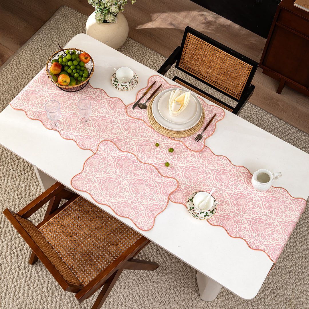 Damask-style table runner with curved wave edge and fine ornamental print Kalsten