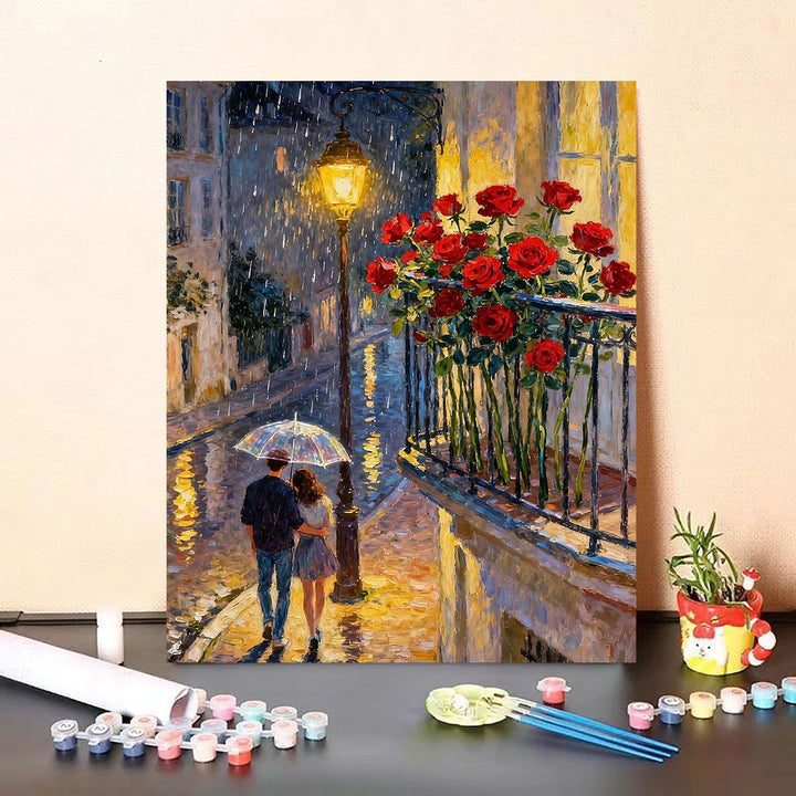 Romantic Rainy Street Scene Paint by Numbers Kit Kalsten