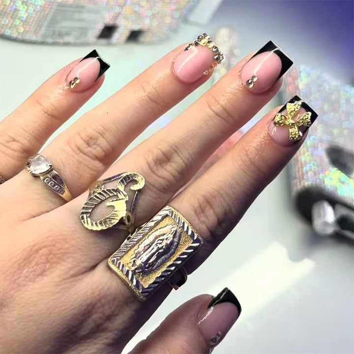 Artificial nail set with elegant black tips and sparkling accents Kalsten