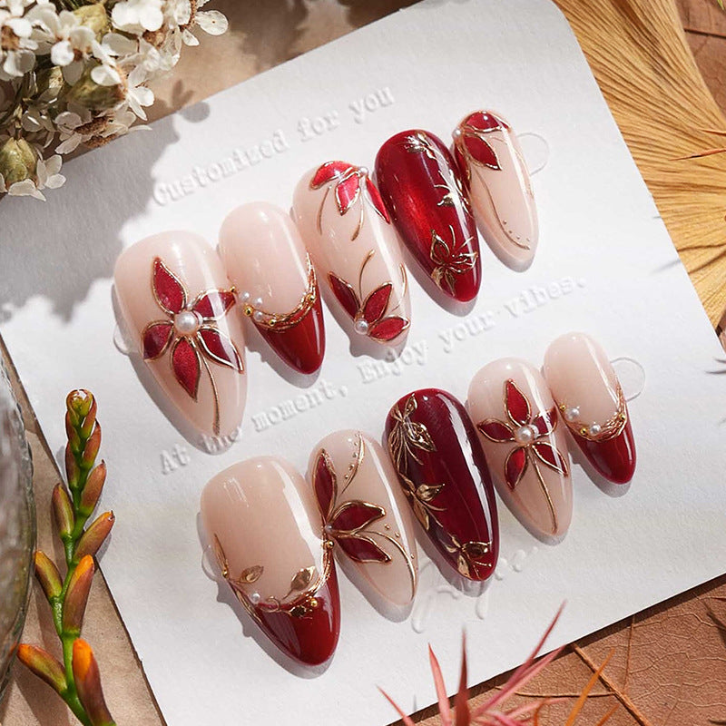 Elegant Press-On Nail Set with Floral and Gem Accents Kalsten
