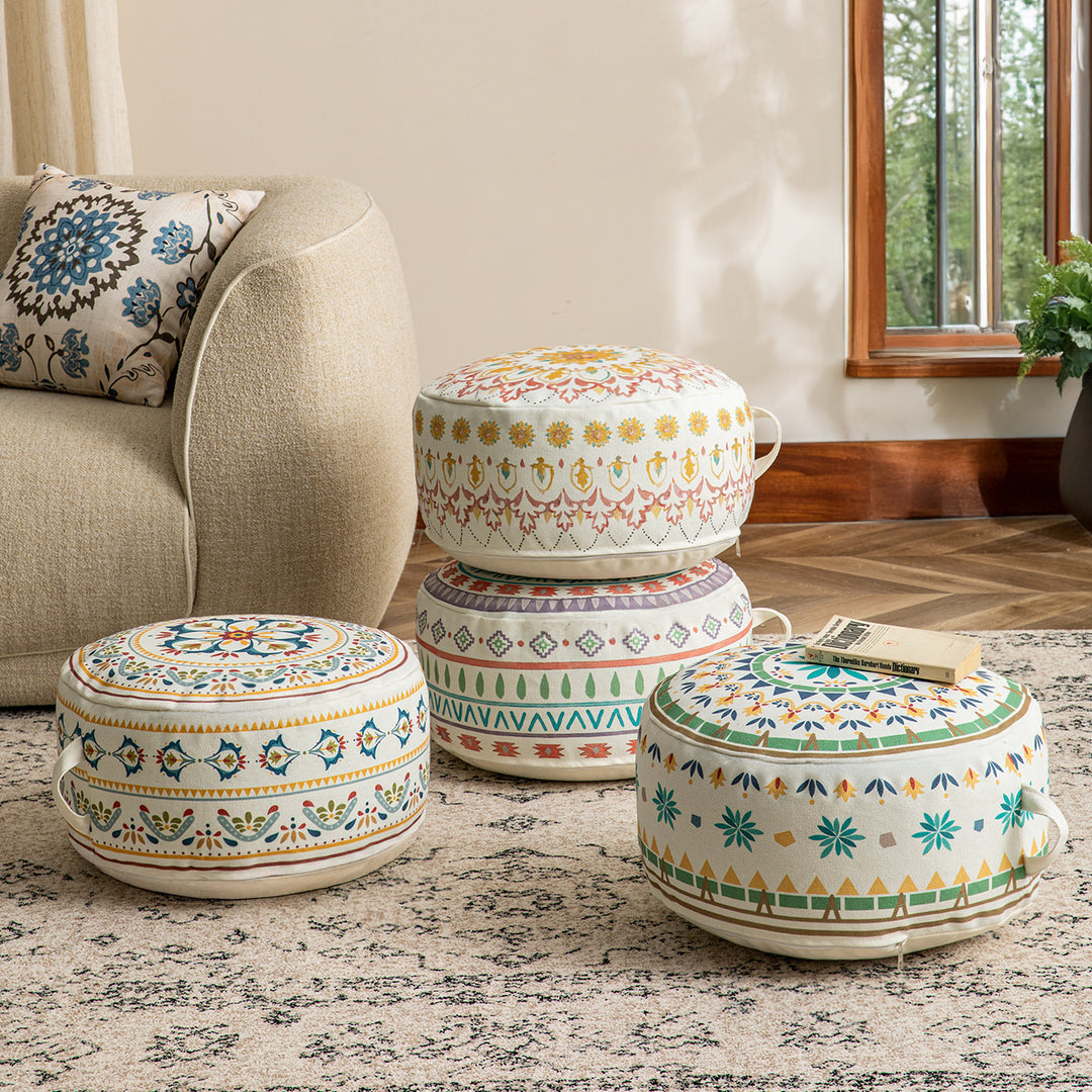 Round seat pouf with woven cotton cover and ethnic mandala print Kalsten