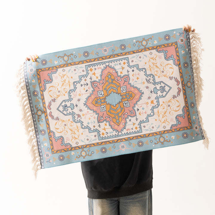 Woven oriental carpet runner with fringes and intricate medallion pattern Kalsten