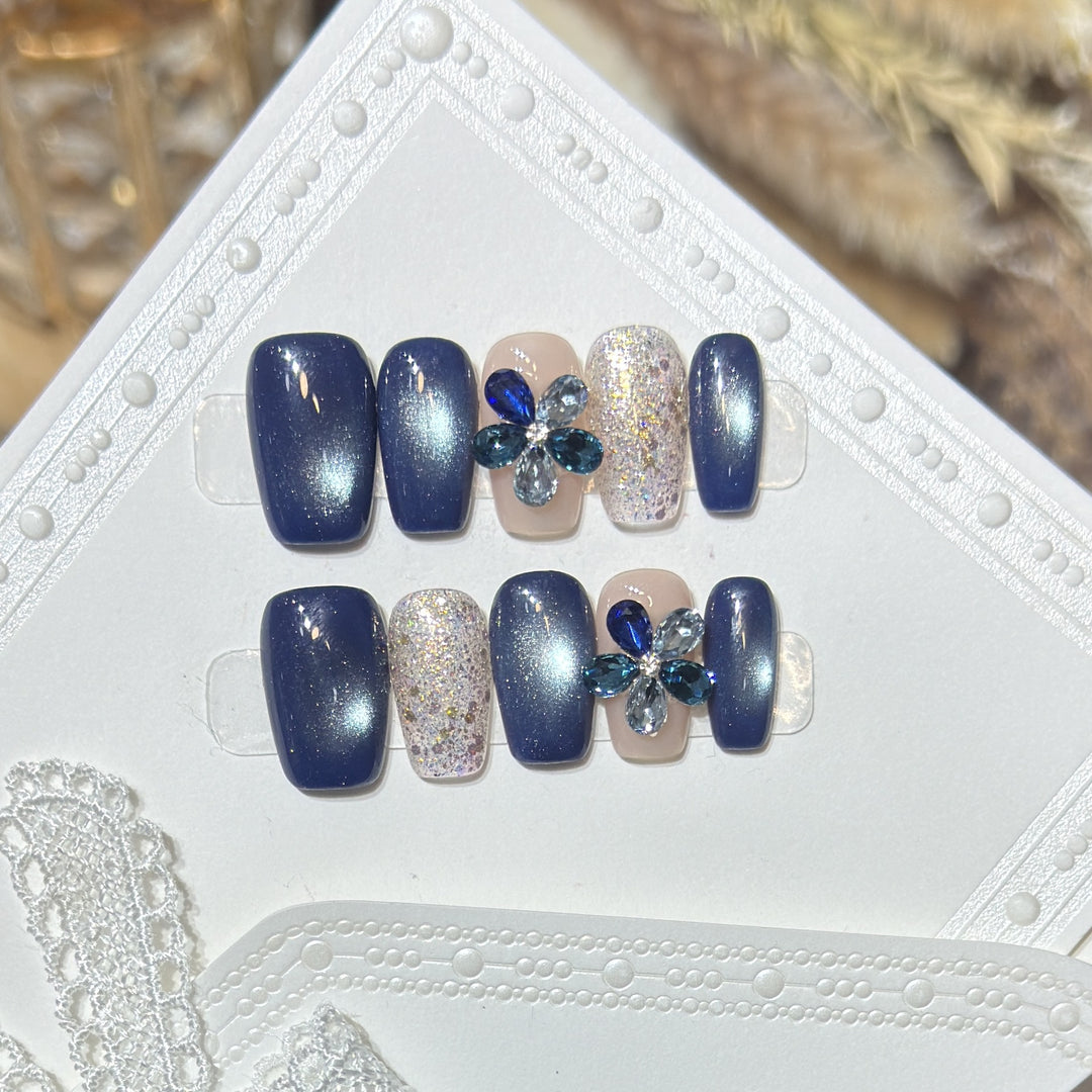 Elegant Floral Press-On Nail Set with Gemstone Accents Kalsten
