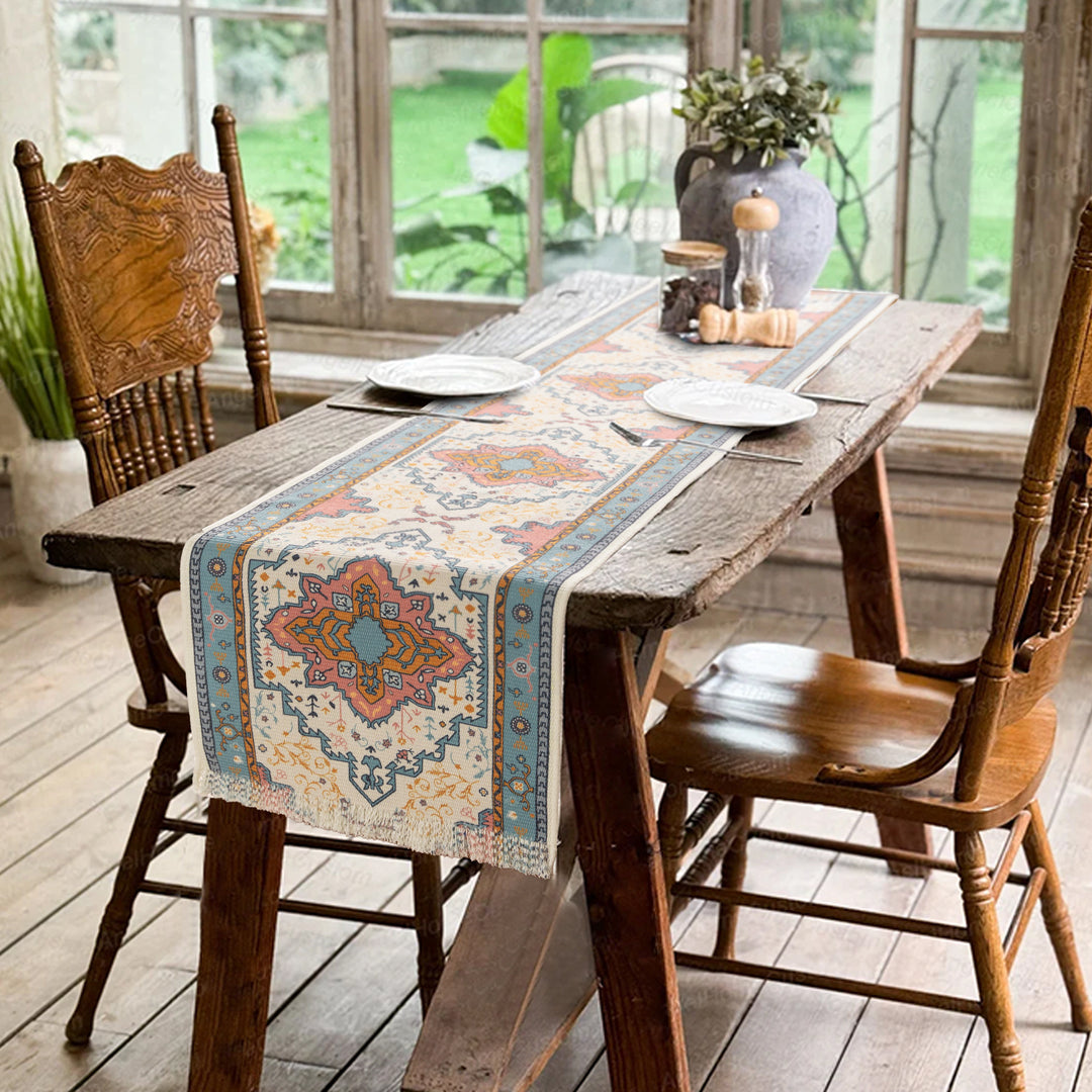 Woven table runner made of cotton blend with oriental medallion pattern and fringes Kalsten